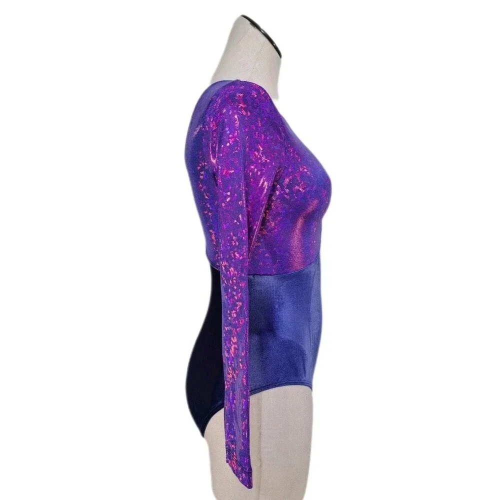 GK Elite VTG Mystique Purple Holographic LS Keyhole Leotard Blue Velvet Size AM